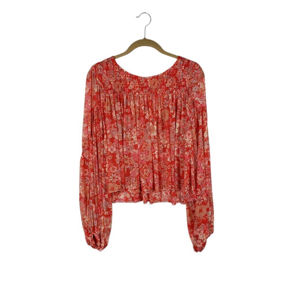 Free People Up For Anything Top Red Mesh Floral Smocked Statement Sleeve Size M